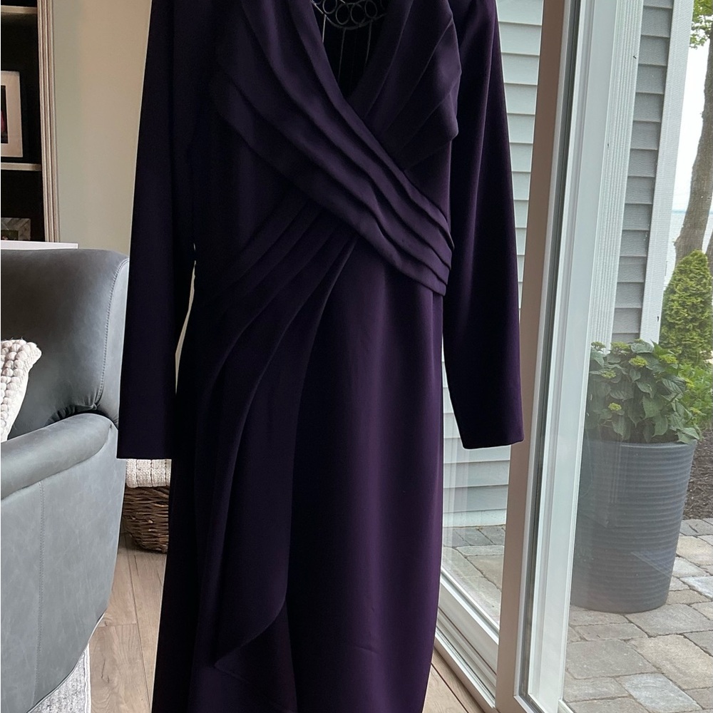 Badgley Mischka Plum Cocktail Dress with Cascade Pleating, Size 14 - Picture 2 of 8